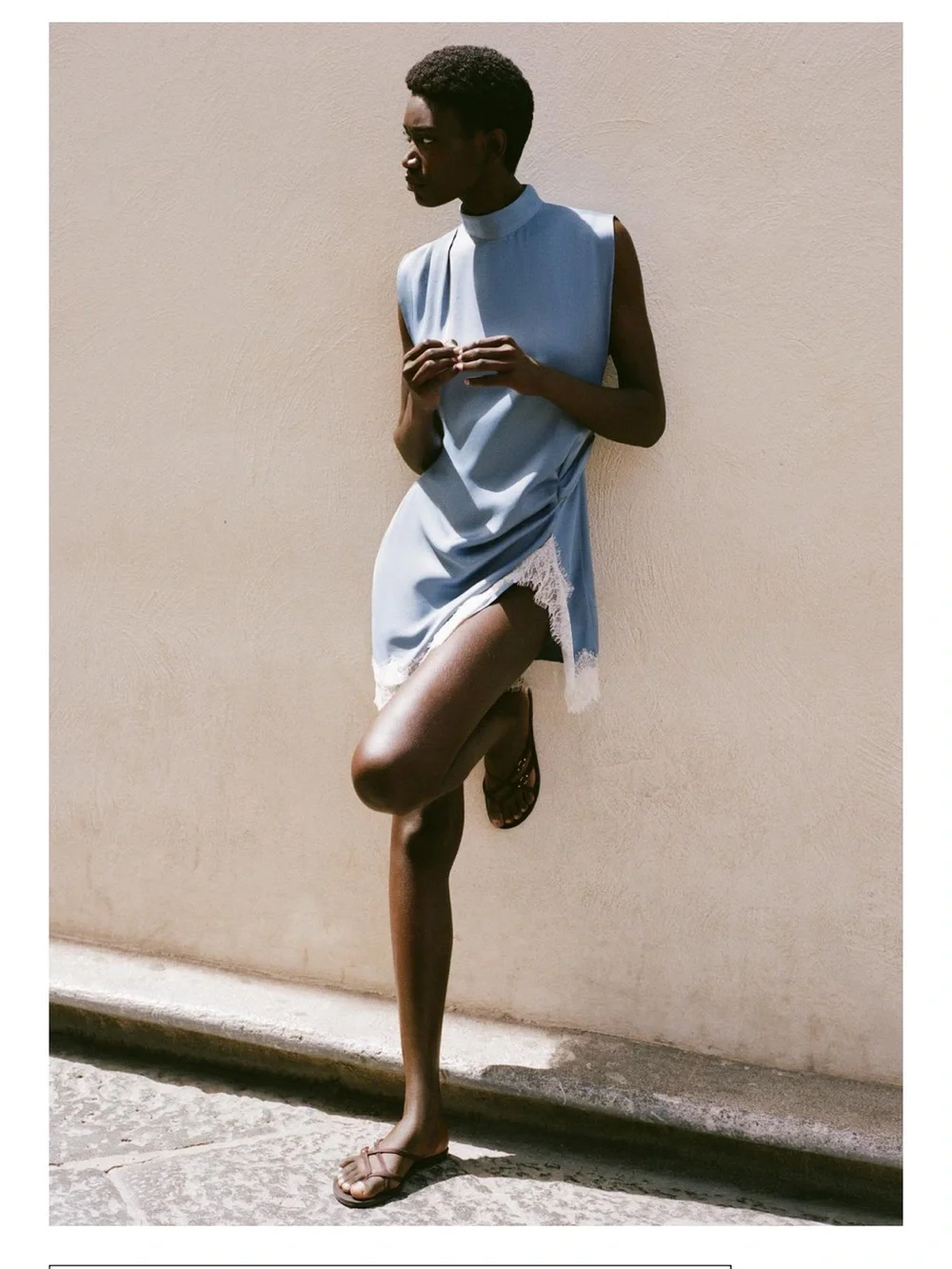 Zara Sleeveless Light Blue Lace-Trim Mini Dress